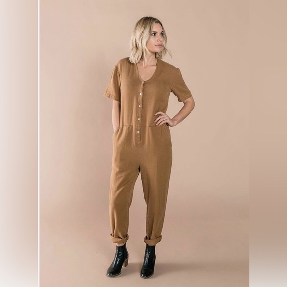 Rylee + Cru Pants - Rylee + Cru Button-Front Jumpsuit  linen mono in Camel Brown organic
